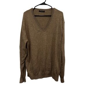 Kallspin Mens XL V-Neck Wool Blend Sweater Light Brown Long Sleeve Pullover